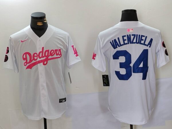 Men's Los Angeles Dodgers #34 Fernando Valenzuela White Pink Vin & Kobe Patch Stitched Baseball Jerseys