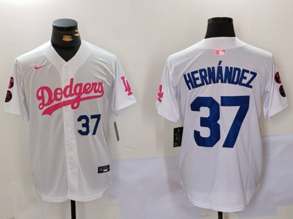 Men's Los Angeles Dodgers #37 Teoscar Hernandez White Pink Vin & Kobe Patch Stitched Baseball Jerseys