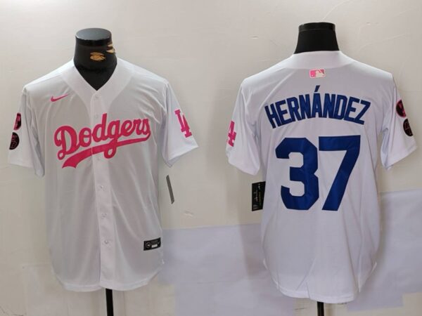 Men's Los Angeles Dodgers #37 Teoscar Hernandez White Pink Vin & Kobe Patch Stitched Baseball Jerseys