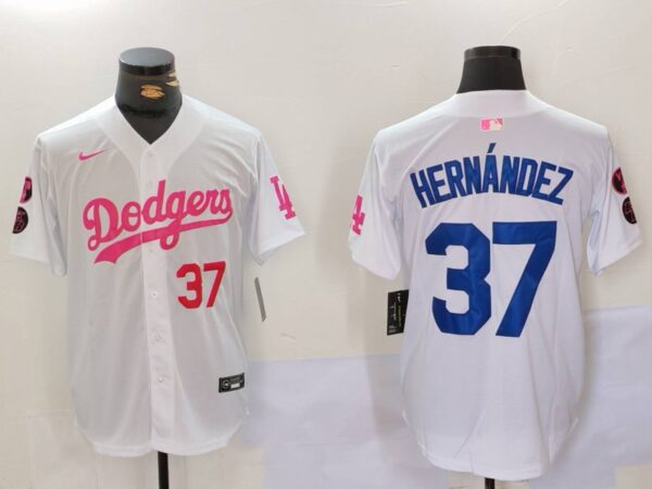 Men's Los Angeles Dodgers #37 Teoscar Hernandez White Pink Vin & Kobe Patch Stitched Baseball Jerseys