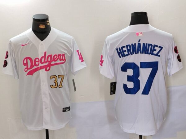 Men's Los Angeles Dodgers #37 Teoscar Hernandez White Pink Vin & Kobe Patch Stitched Baseball Jersey