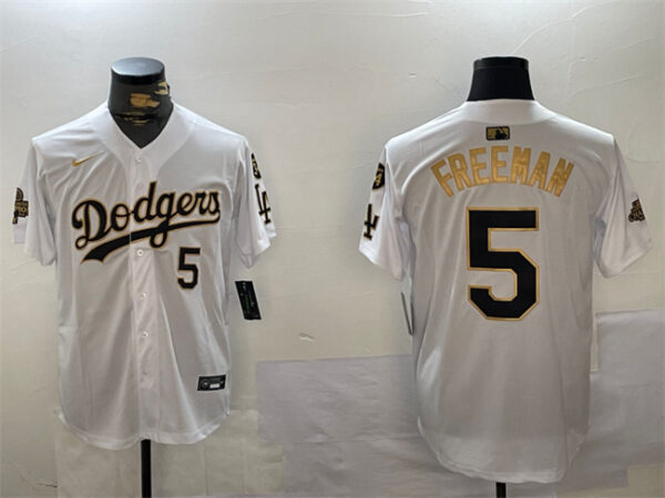 Men's Los Angeles Dodgers #5 Freddie Freeman White Gold 2024 World Series Champions With Fernando Memorial Patch Limited Stitched Baseball Jersey