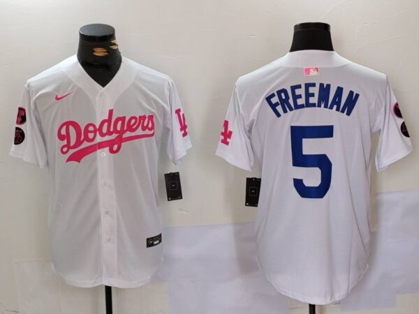 Men's Los Angeles Dodgers #5 Freddie Freeman White Pink Vin & Kobe Patch Stitched Baseball Jerseys