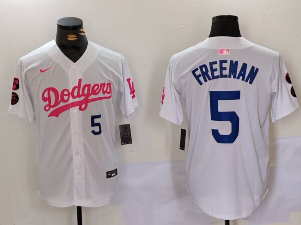 Men's Los Angeles Dodgers #5 Freddie Freeman White Pink Vin & Kobe Patch Stitched Baseball Jerseys