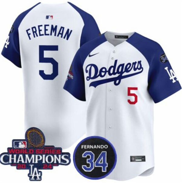 Men's Los Angeles Dodgers #5 Freddie Freeman White Royal 2024 World Series Champions With Fernando Memorial Patch Limited Stitched Baseball Jersey