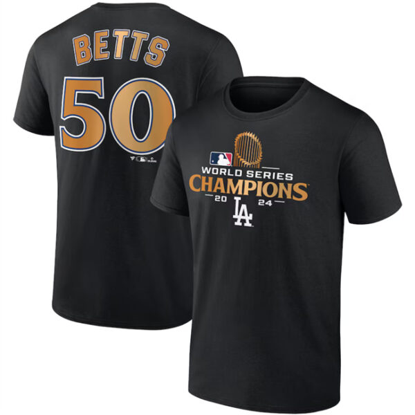 Men's Los Angeles Dodgers #50 Mookie Betts Black 2024 World Series Champions Name & Number T-Shirt