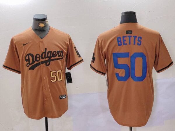 Men's Los Angeles Dodgers #50 Mookie Betts Brown Cool Base Stitched Baseball Jersey