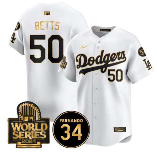 Men's Los Angeles Dodgers #50 Mookie Betts White Gold 2024 World Series With Fernando Memorial Patch Limited Stitched Baseball Jersey