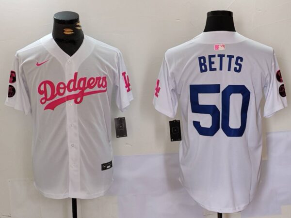 Men's Los Angeles Dodgers #50 Mookie Betts White Pink Vin & Kobe Patch Stitched Baseball Jerseys 1