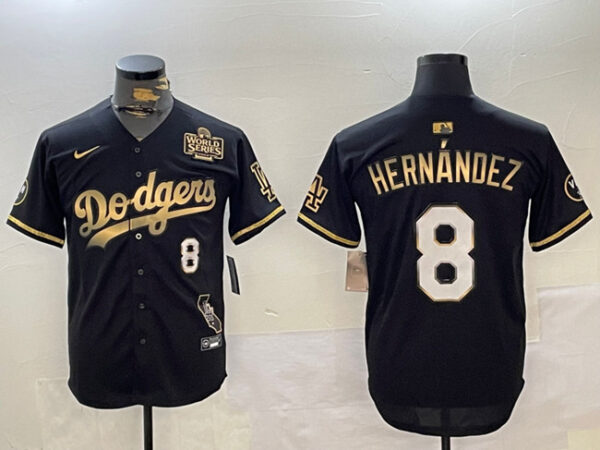 Men's Los Angeles Dodgers #8 Enrique Hernandez Black Gold 2024 World Series With Vin & California Patch Vapor Premier Limited Stitched Baseball Jersey