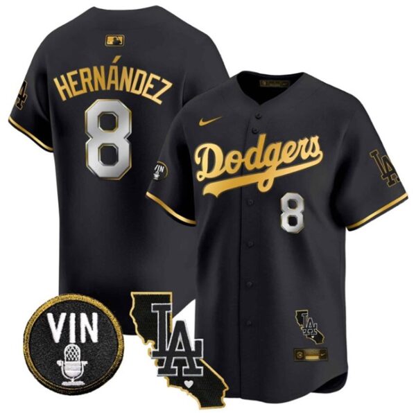 Men's Los Angeles Dodgers #8 Enrique Hernandez Black Gold Vin & California Patch Vapor Premier Limited Stitched Baseball Jersey