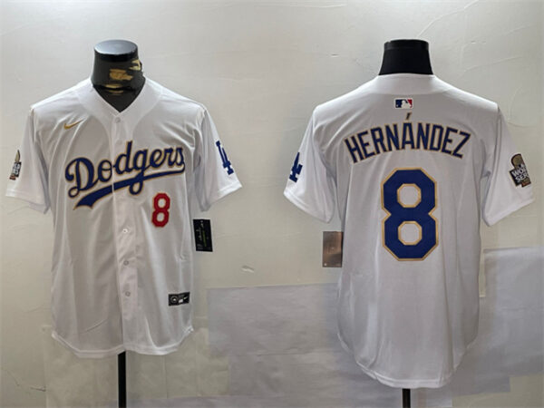 Men's Los Angeles Dodgers #8 Enrique Hernandez White Gold 2024 World Series Home Limited Stitched Baseball Jersey