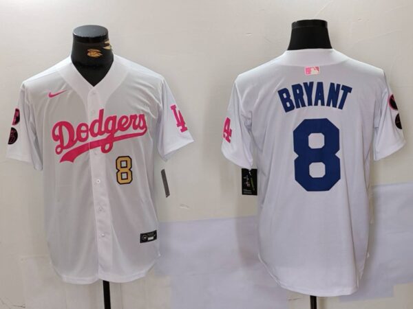 Men's Los Angeles Dodgers #8 Kobe Bryant White Pink Vin & Kobe Patch Stitched Baseball Jerseys