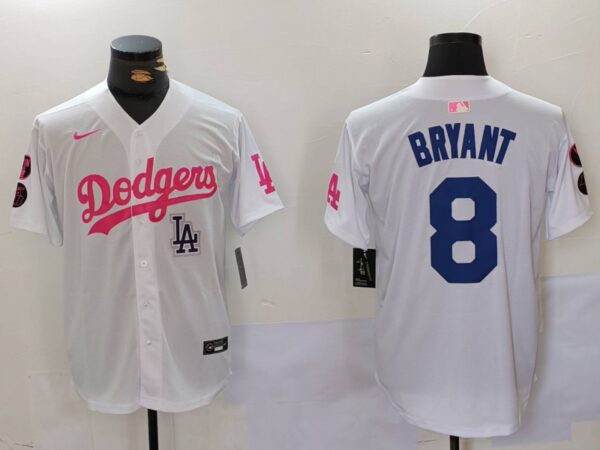 Men's Los Angeles Dodgers #8 Kobe Bryant White Pink Vin & Kobe Patch Stitched Baseball Jerseys