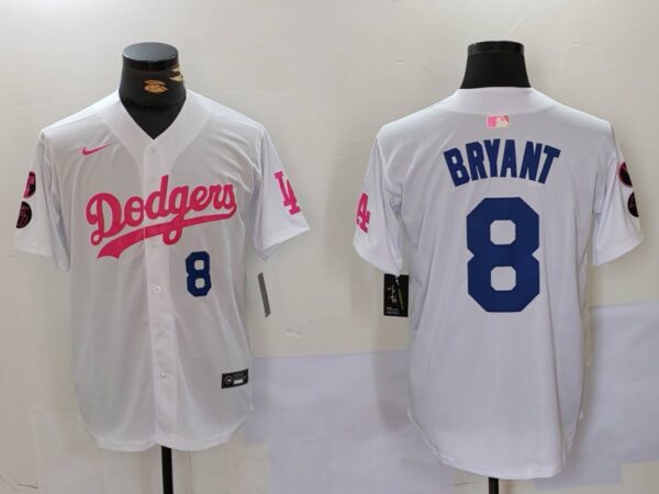 Men's Los Angeles Dodgers #8 Kobe Bryant White Pink Vin & Kobe Patch Stitched Baseball Jerseys