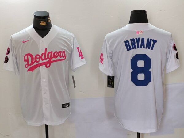 Men's Los Angeles Dodgers #8 Kobe Bryant White Pink Vin & Kobe Patch Stitched Baseball Jerseys