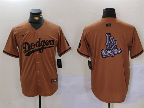 Men's Los Angeles Dodgers Team Big Logo Brown Cool Base With Patch Stitched Baseball Jerseys