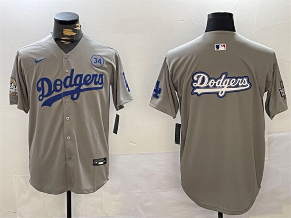 Men's Los Angeles Dodgers Team Big Logo Grey 2024 World Series With No. 34 Patch Limited Stitched Baseball Jerseys