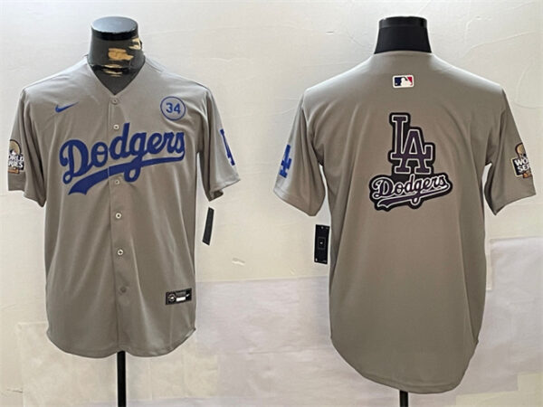 Men's Los Angeles Dodgers Team Big Logo Grey 2024 World Series With No. 34 Patch Limited Stitched Baseball Jerseys