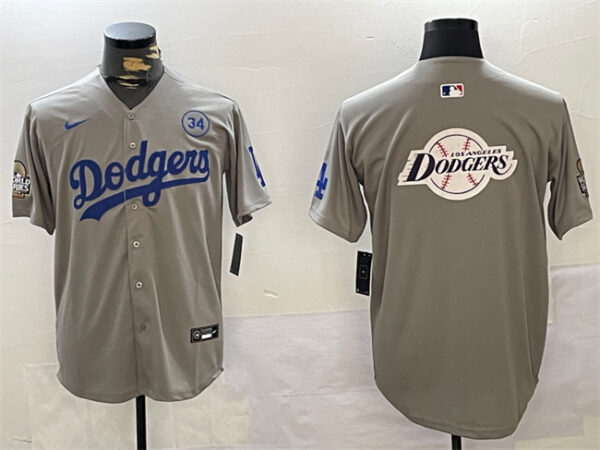 Men's Los Angeles Dodgers Team Big Logo Grey 2024 World Series With No. 34 Patch Limited Stitched Baseball Jerseys