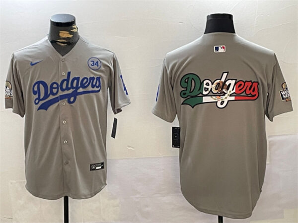 Men's Los Angeles Dodgers Team Big Logo Grey 2024 World Series With No. 34 Patch Limited Stitched Baseball Jersey