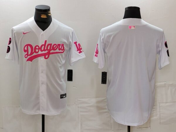 Men's Los Angeles Dodgers Team Big Logo White Pink Vin & Kobe Patch Stitched Baseball Jerseys