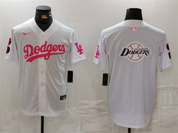 Men's Los Angeles Dodgers Team Big Logo White Pink Vin & Kobe Patch Stitched Baseball Jersey