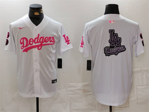 Men's Los Angeles Dodgers Team Big Logo White Pink Vin & Kobe Patch Stitched Baseball Jerseys