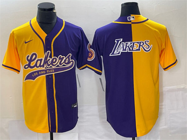 Men's Los Angeles Lakers Gold Purple Split Team Big Logo Cool Base Stitched Baseball Jersey 1