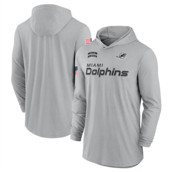 Men's Miami Dolphins 2024 Gray Salute To Service Lightweight Performance Long Sleeve Hooded T-Shirt