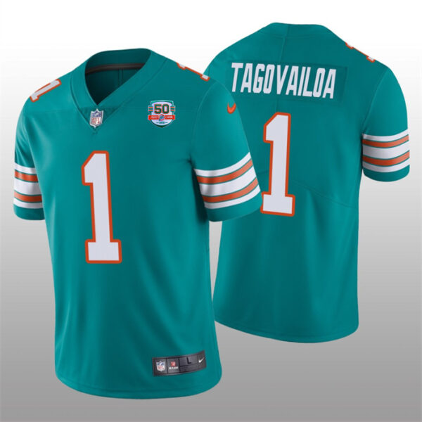 Men's Miami Dolphins #1 Tua Tagovailoa 2022 Aqua With 50th Perfect Season Patch Limited Stitched JerseyS