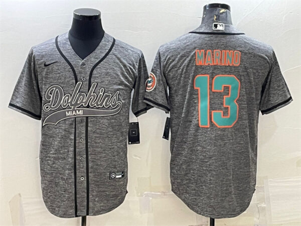 Men's Miami Dolphins #13 Dan Marino Grey With Patch Cool Base Stitched Baseball Jersey