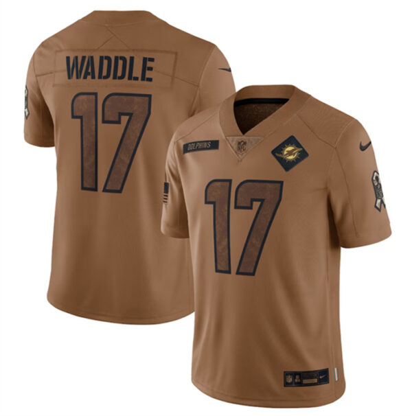 Men's Miami Dolphins #17 Jaylen Waddle 2023 Brown Salute To Service Limited Stitched Football Jersey