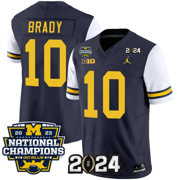 Men's Michigan Wolverines #10 Tom Brady Navy White 2024 F.U.S.E. With 2023 National Champions Patch Stitched Jerseys