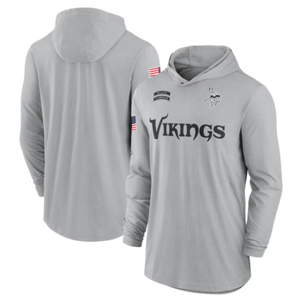 Men's Minnesota Vikings 2024 Gray Salute To Service Lightweight Performance Long Sleeve Hooded T-Shirt