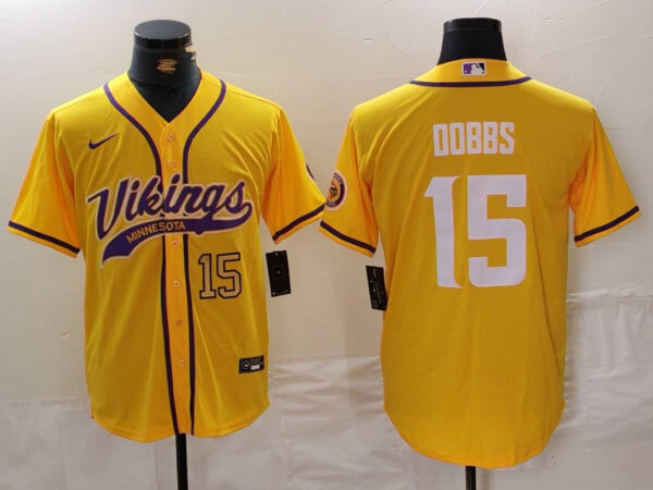 Men's Minnesota Vikings #15 Joshua Dobbs Yellow Cool Base Stitched Baseball Jerseys