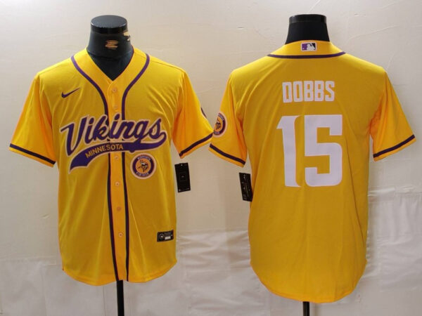 Men's Minnesota Vikings #15 Joshua Dobbs Yellow Cool Base Stitched Baseball Jerseys