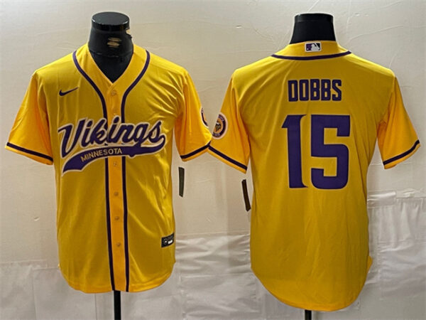 Men's Minnesota Vikings #15 Joshua Dobbs Yellow Cool Base Stitched Baseball Jerseys