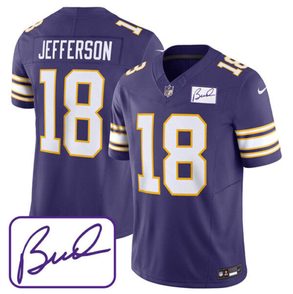 Men's Minnesota Vikings #18 Justin Jefferson Purple 2023 F.U.S.E. Bud Grant Patch Limited Stitched Jersey