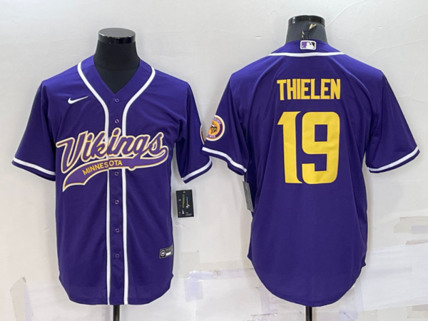 Men's Minnesota Vikings #19 Adam Thielen Purple Gold With Patch Cool Base Stitched Baseball Jersey