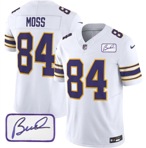 Men's Minnesota Vikings #84 Randy Moss White 2023 F.U.S.E. Bud Grant Patch Limited Stitched Jersey