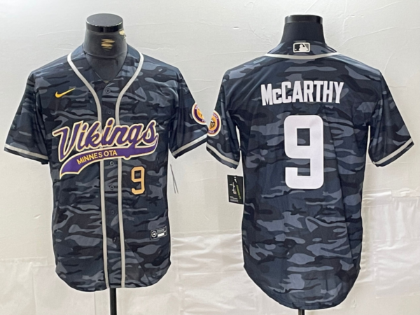 Men's Minnesota Vikings #9 J.J. McCarthy Grey Camo Cool Base Stitched Baseball Jerseys