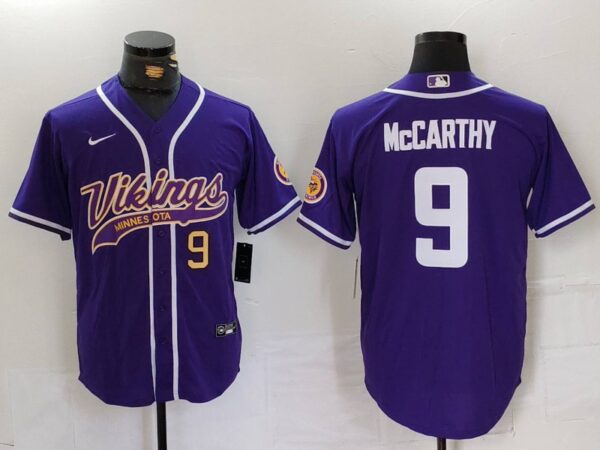 Men's Minnesota Vikings #9 J.J. McCarthy Purple Cool Base Stitched Baseball Jerseys