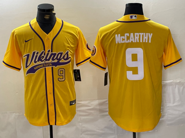 Men's Minnesota Vikings #9 J.J. McCarthy Yellow Cool Base Stitched Baseball Jerseys