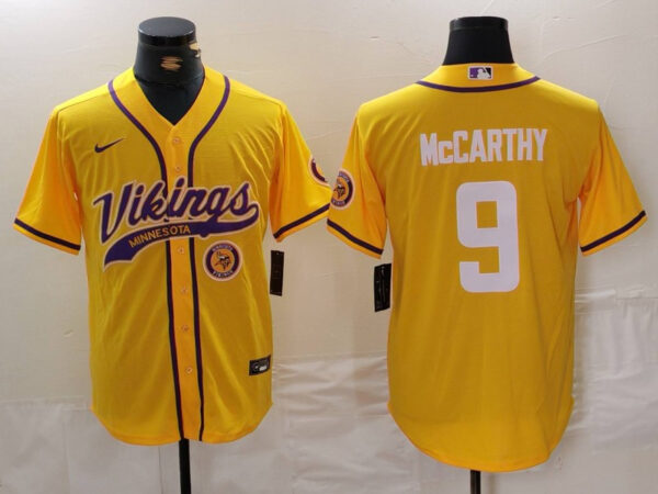 Men's Minnesota Vikings #9 J.J. McCarthy Yellow Cool Base Stitched Baseball Jerseys