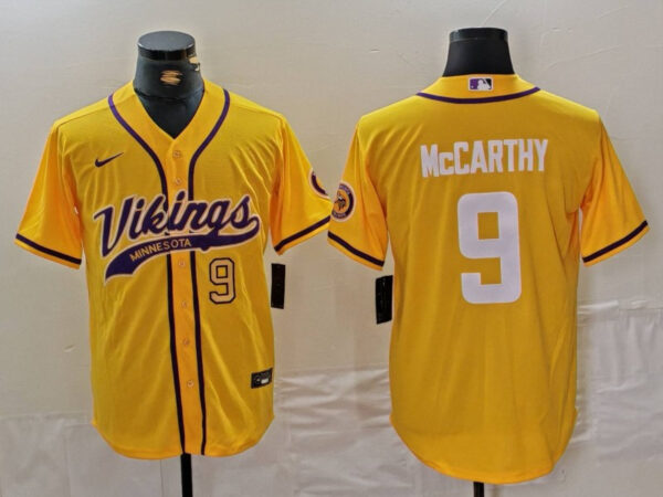 Men's Minnesota Vikings #9 J.J. McCarthy Yellow Cool Base Stitched Baseball Jersey