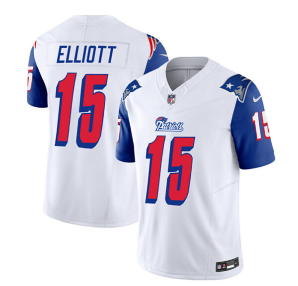 Men's New England Patriots #15 Ezekiel Elliott White Blue 2023 F.U.S.E. Throwback Limited Stitched Football Jersey