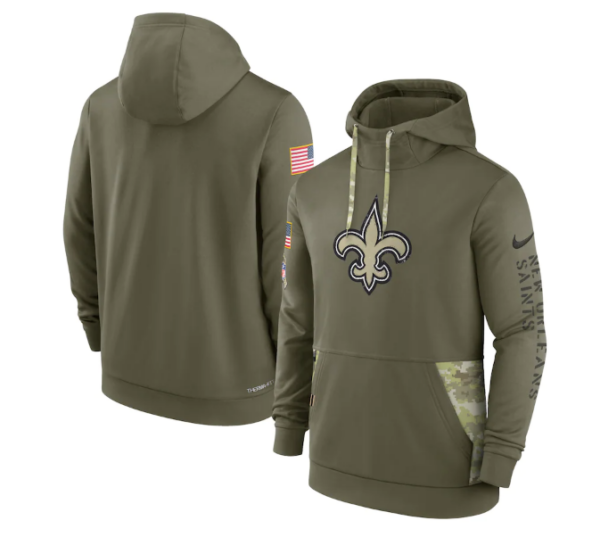 Men's New Orleans Saints 2022 Olive Salute To Service Therma Performance Pullover Hoodie