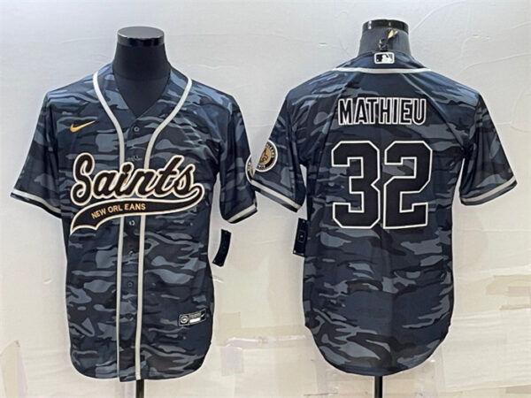 Men's New Orleans Saints #32 Tyrann Mathieu Grey Camo With Patch Cool Base Stitched Baseball Jerse