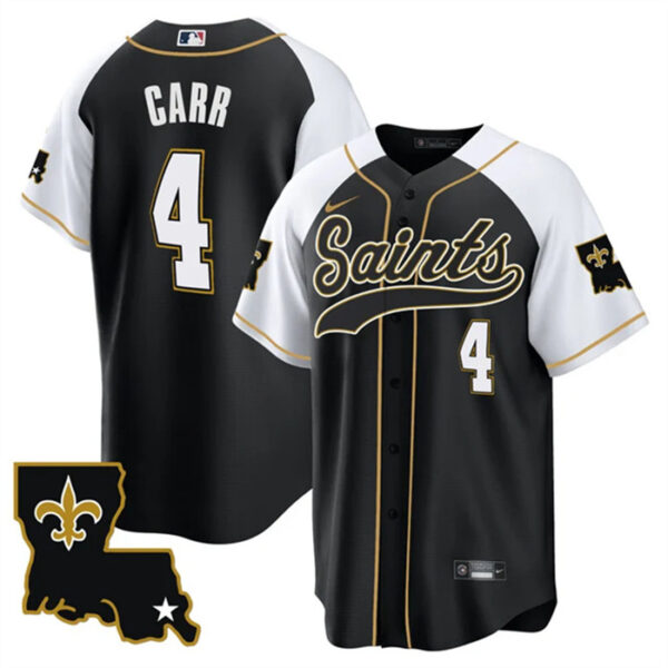 Men's New Orleans Saints #4 Derek Carr Black White 1987 Legacy Cool Base Stitched Baseball Jersey